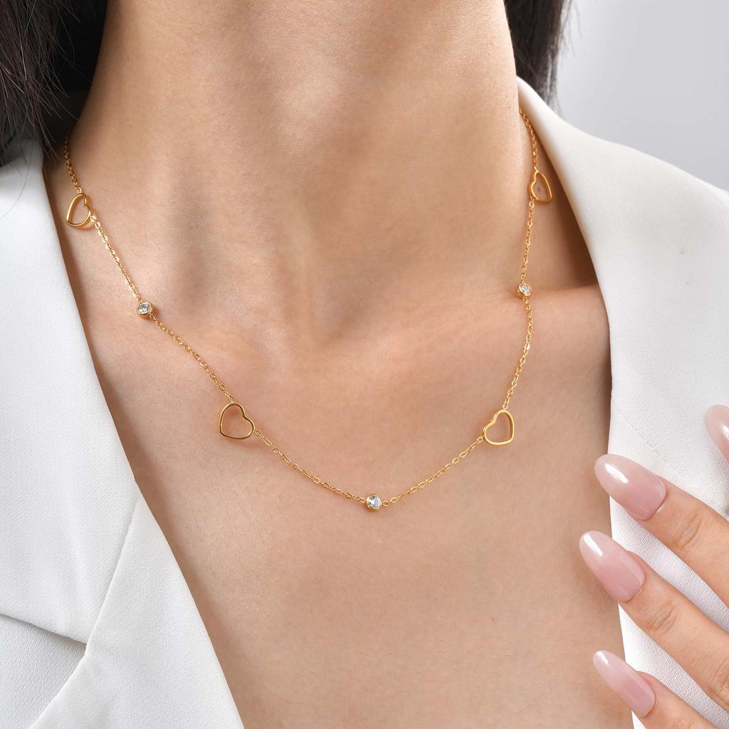 316L Stainless Steel Zirconia Heart Flower Chain Necklace, Women's Thin Link Clavicle Chain Choker,  Fashion Temperament Jewelry