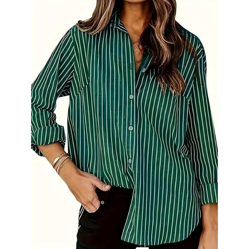 Elegante Camicia a Righe Bottonata da Donna - Blusa Casual a Manica Lunga con Collo, Poliestere Leggero, Lavabile in Lavatrice, Perfetta per l'Estate