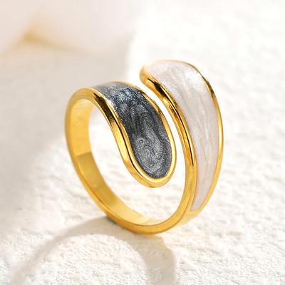 Stainless Steel Black and White Ring with Enamel Simple Double Layer Oil Dripping Adjustable Open Finger Ring for Women No Fade