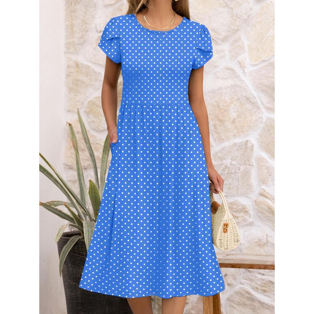 Damen Rundhals Kurzarm Midi Kleid Lockerer Schnitt Mittlere Taille Elegant Gepunktetes Sommerkleid