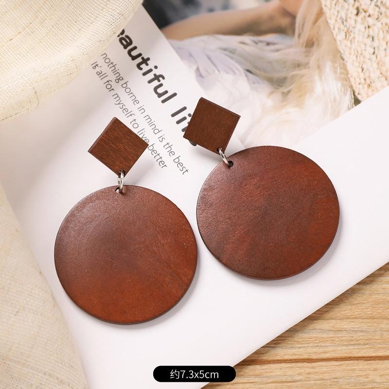 Vintage brown coffee wood stud earrings niche Maillard exaggerated round earrings earrings earrings women