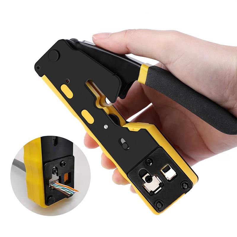 Straight RJ45 Crimping Tool Kit, Integrated Ethernet Crimper Cat6 Cat5 Crimping Tool Ratchet Modular Data Cable Crimper