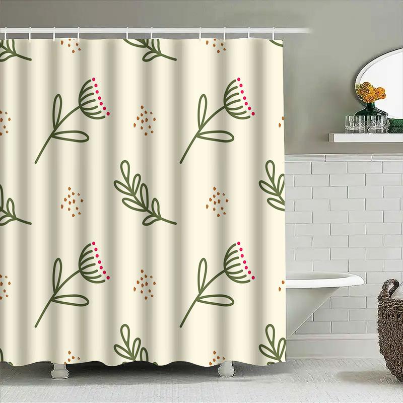 Modern Floral Bathroom Shower Curtain Set Decorative Water-Proof Printing Home Bath Mat Cream Color With Green Branches And Red
