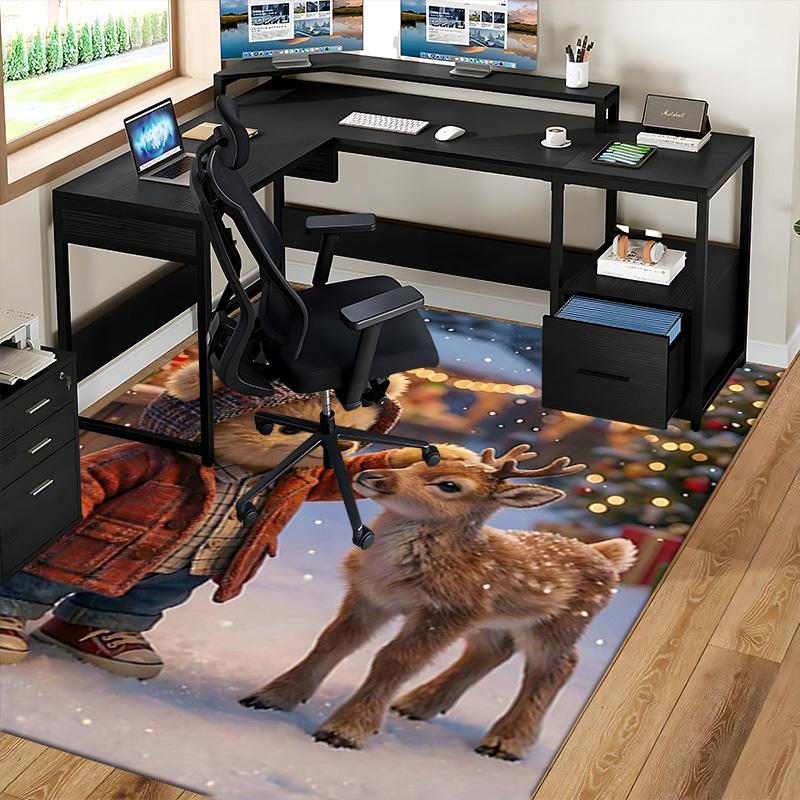 1pc Christmas Deer and Bear Plaid Hoodie Chair Mat - Anime Cartoon Design Office Chair Pad - Non-Slip Carpet for Home Decor, Living Room, Bedroom, Gam