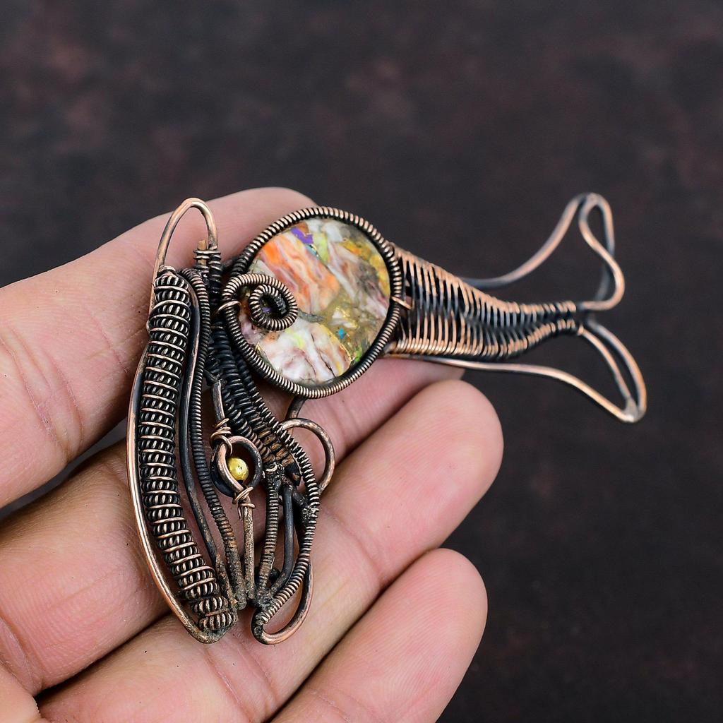 Spiny Oyster Kupfer Türkis Anhänger Kupferdraht gewickelt Edelstein Anhänger handgemachter Kupferschmuck Fisch Anhänger für Geschenk Draht Wickelschmuck