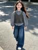 2026 Korean Style Girls' Puff Sleeve Plaid Three-Piece Set: Vest, Shirt, and Cowboy Cropped Pants