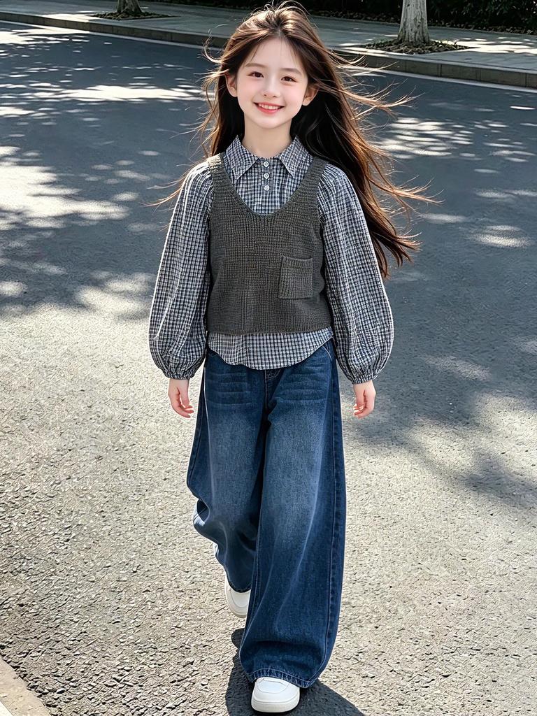 2026 Korean Style Girls' Puff Sleeve Plaid Three-Piece Set: Vest, Shirt, and Cowboy Cropped Pants