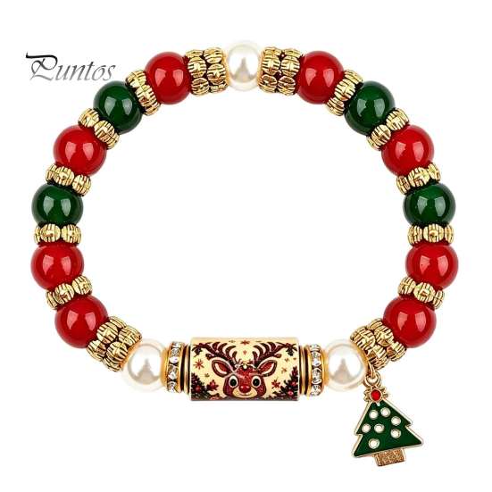 Festive Holiday Charm Bracelet Christmas Bracelet, Elastic Stretch Beaded with Xmas Jewelry Collection Tree Charm, Gifts for Women Men Santa Claus