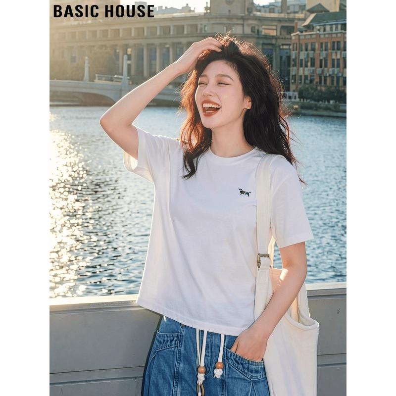 Basic House Women s Embroidered Cotton Round Neck T-shirt One Size