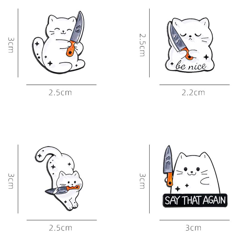Cute Cartoon White Cat Small Knife Dagger Enamel Brooch Creative Animal Lapel Pin Badge Backpack Clothing Hat Accessories