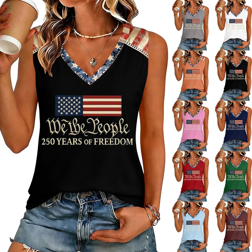 Women V Neck Casual Sleeveless Tank Top 250 Years Of Freedom Letter Print Lightweight Summer Shirt Sleeveless Blouse