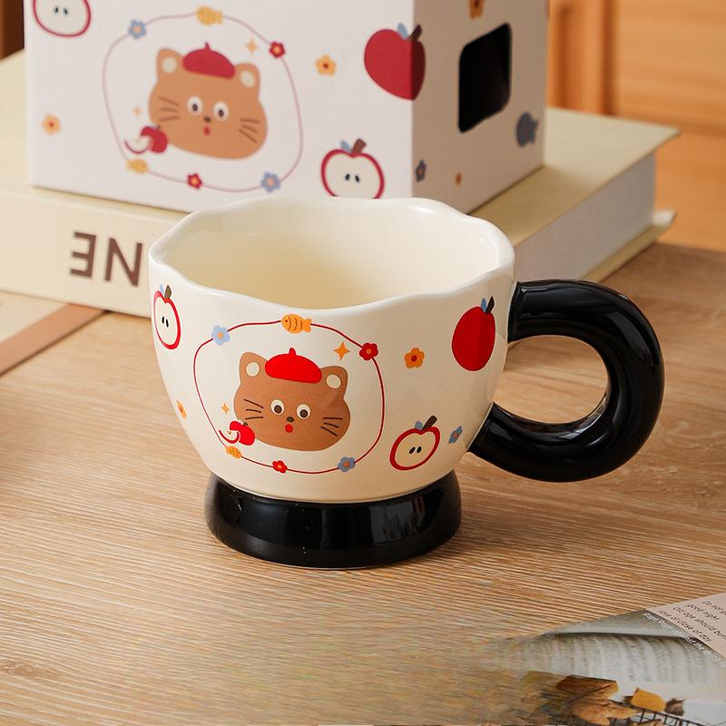 

Cartoon Cute Apple Cat Fat Handle Ceramic Mug High looking Drinking Water Cup Breakfast Cup Coffee Gift About 330ml