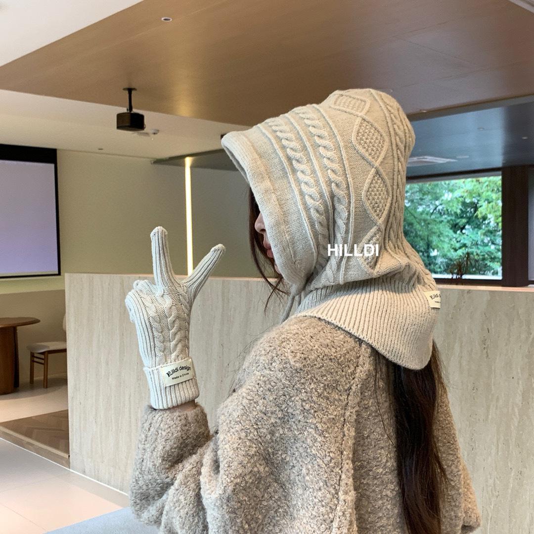 

Женская корейская зимняя вязаная балаклава: Комплект из теплого шарфа, наушников и шапки One Size