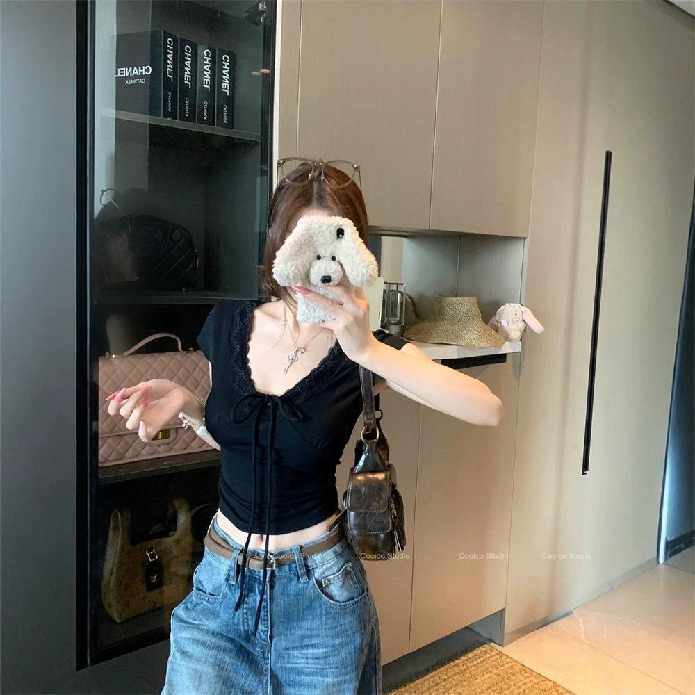 Korean Style Lace Patchwork V-neck Short Sleeve T-Shirt for Women's Summer Slimming Pure Desire Style Tied Versatile Short Top