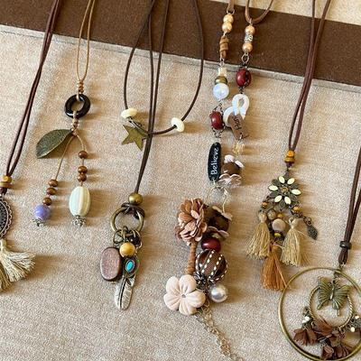 Vintage Ethnisches Holz Kreis Gewebtes Seil Anhänger Halskette für Frauen