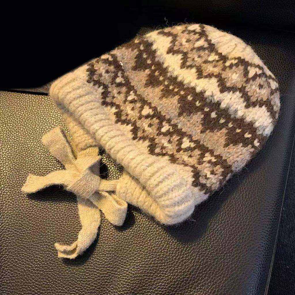 Ethnic Pattern Ear Flap Hat Knitted Beanies for Daily Wear Adult Unisex Acrylic Skull Hat for Outdoor Cycling Walking