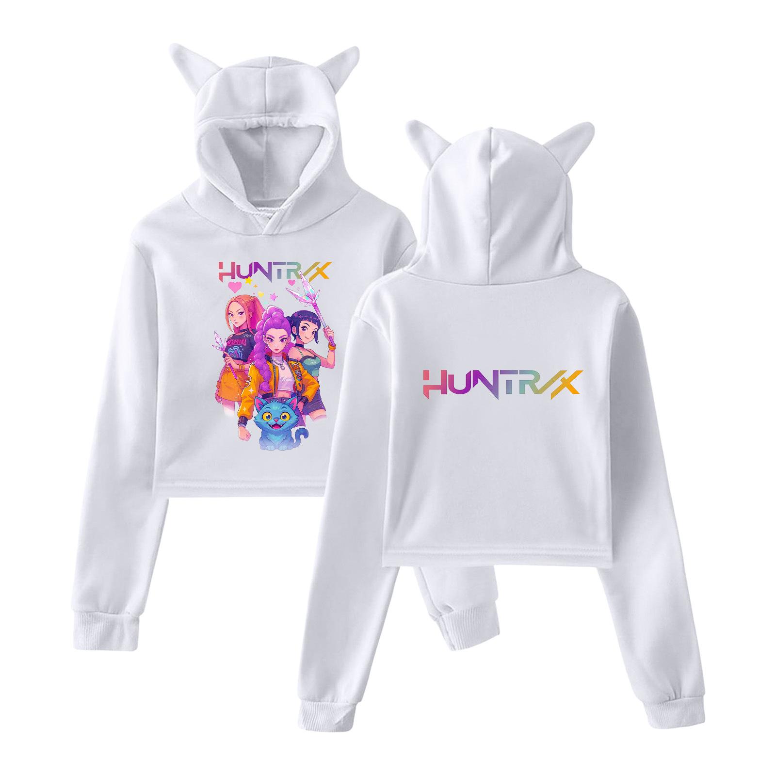 

Kpop Demon Hunters Толстовка для девочек с кошачьими ушками, с длинным рукавом, укороченные топы 2025 Аниме KPop Demon Hunters Харадзюку Толстовка с капюшоном XS белый
