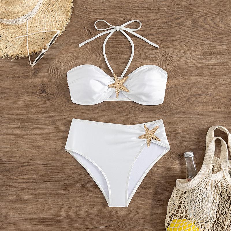 

Женский европейский и американский купальник-бикини «Морская звезда» 2025: Однотонный купальник бандо на шнуровке, с высокой талией. Medium белый