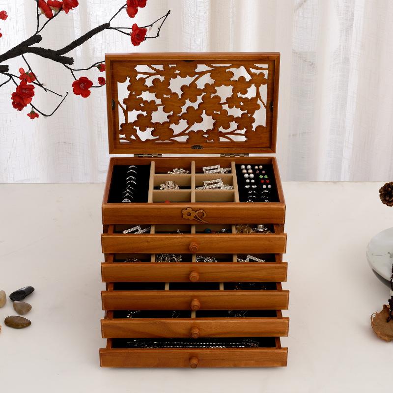 Vintage Chinese Wooden Jewelry Storage Box Hollow Multi-Layer Display Organizer Elegant Jewelry Collection Case Decorative Storage Box