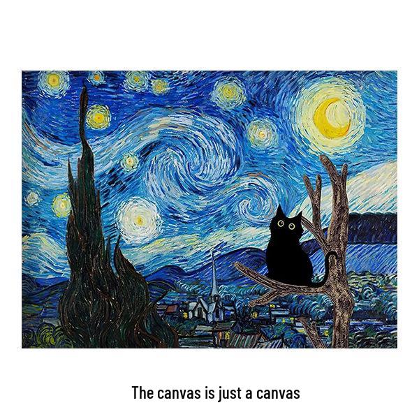 Water Lily & Starry Night Abstract Cat Art: Colorful Wall Hanging for Bedroom & Living Room