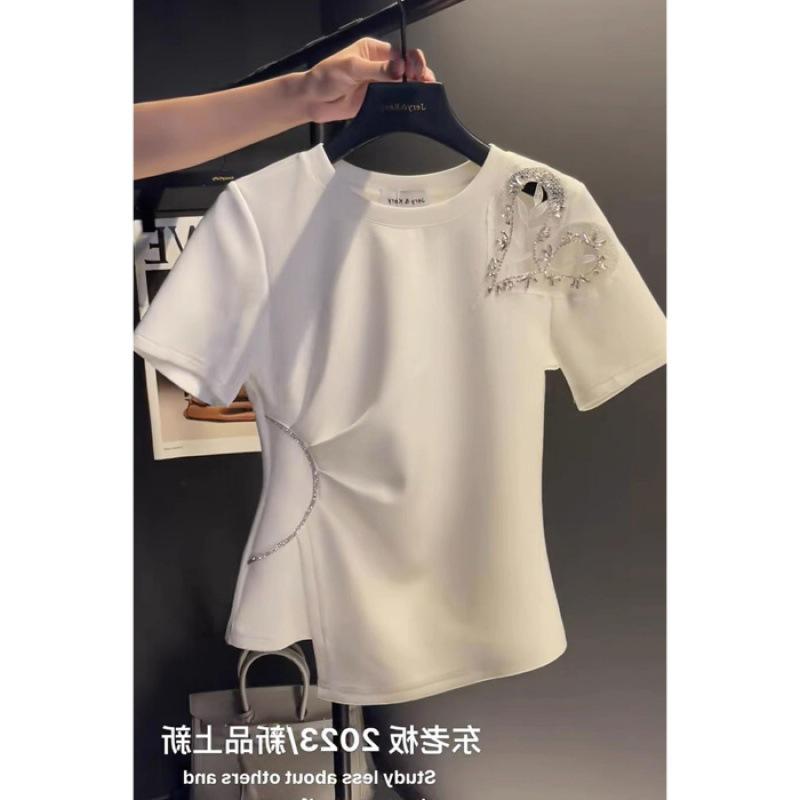 

Женская футболка с вырезом в виде сердца, с коротким рукавом - Лето 2024, Неровный подол, Приталенная, Универсальный топ L белый