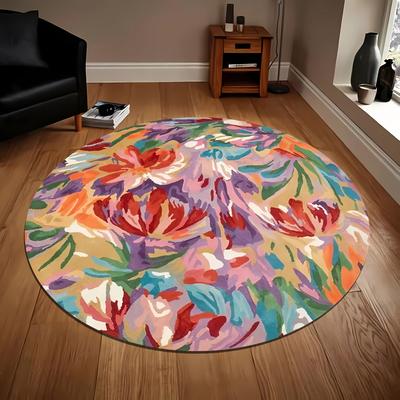 1 tapis rond à motif d'arbre et de peinture à l'huile florale, antidérapant, lavable, en fibre, doux et confortable, pour chambre à coucher, salon