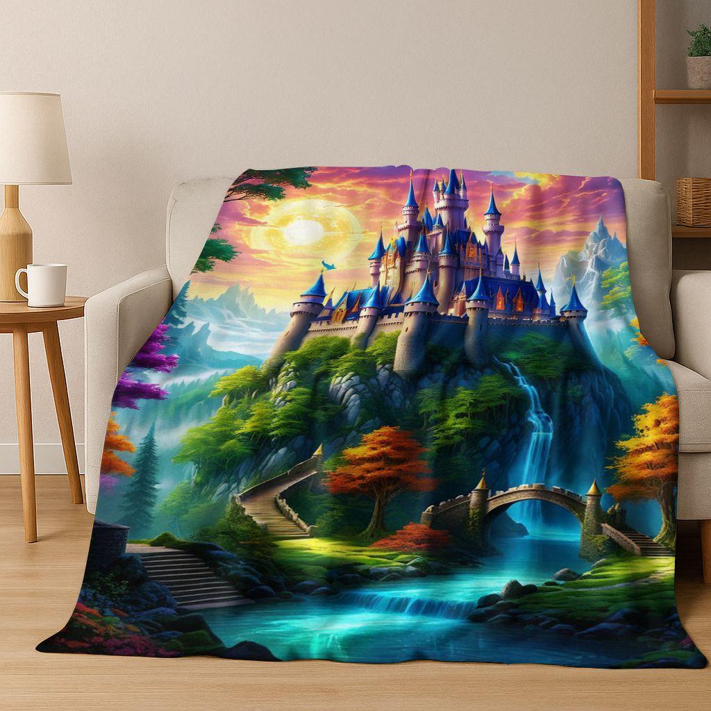 Enchanted Fairytale Princess Castle Gothic Castle Cartoon Flannel Blanket,Cozy Soft Throw Blanket for Home Bedroom Bed Sofa Kids