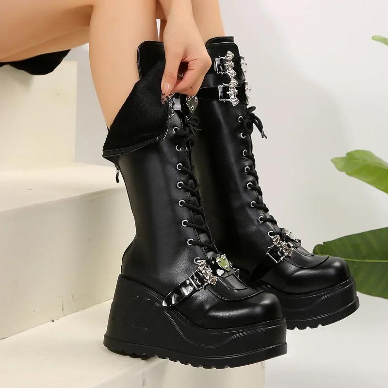 Women's Cool Retro Punk Boots Chunky Wedges Metal Design Lace Up PU Leather High Quality Outdoor Shoes 35-43