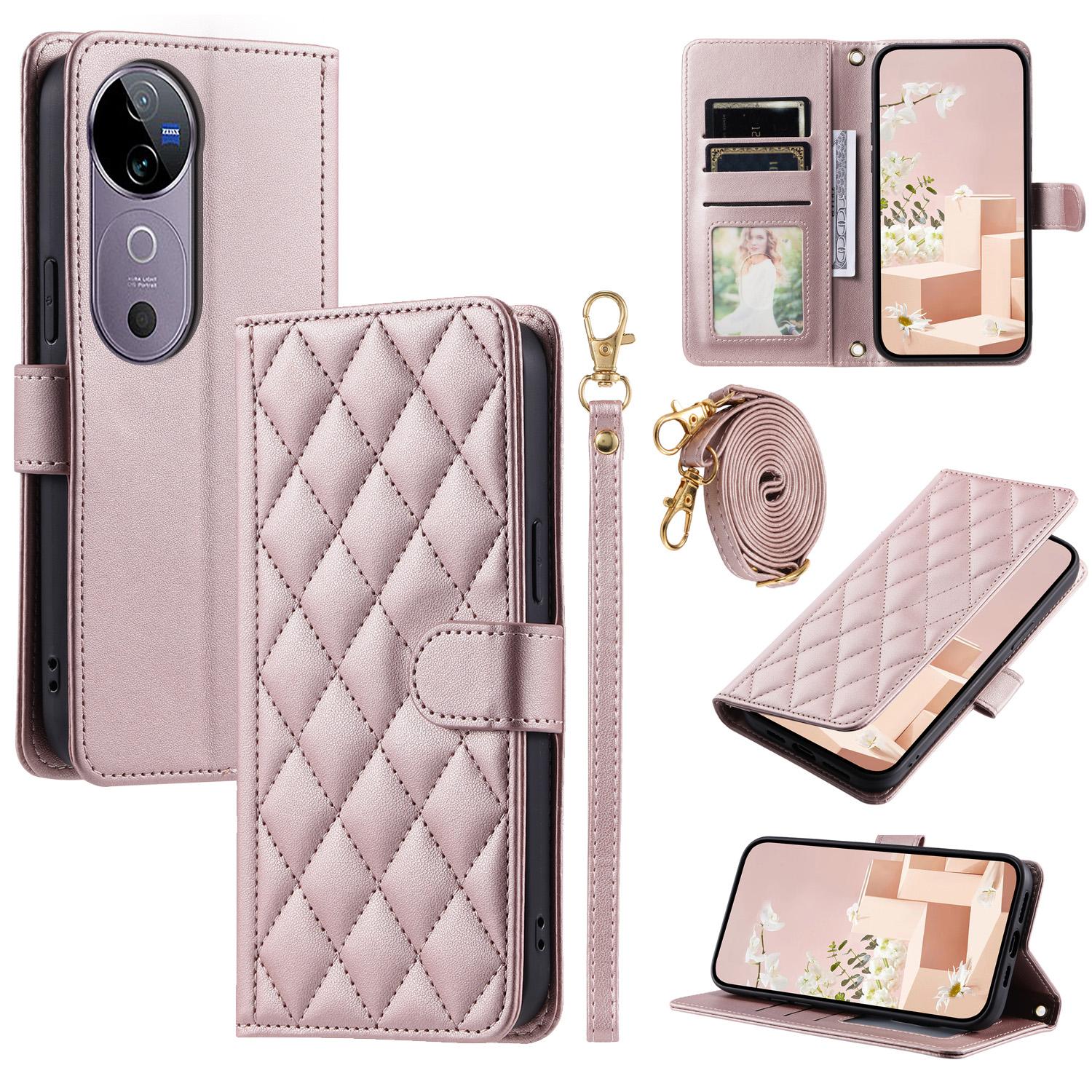 

Leather Case for vivo T3 Ultra 5G/V40 Pro 5G/V40 5G/S19 Pro 5G Wallet Rhombus Grid Phone Cover Rose Gold