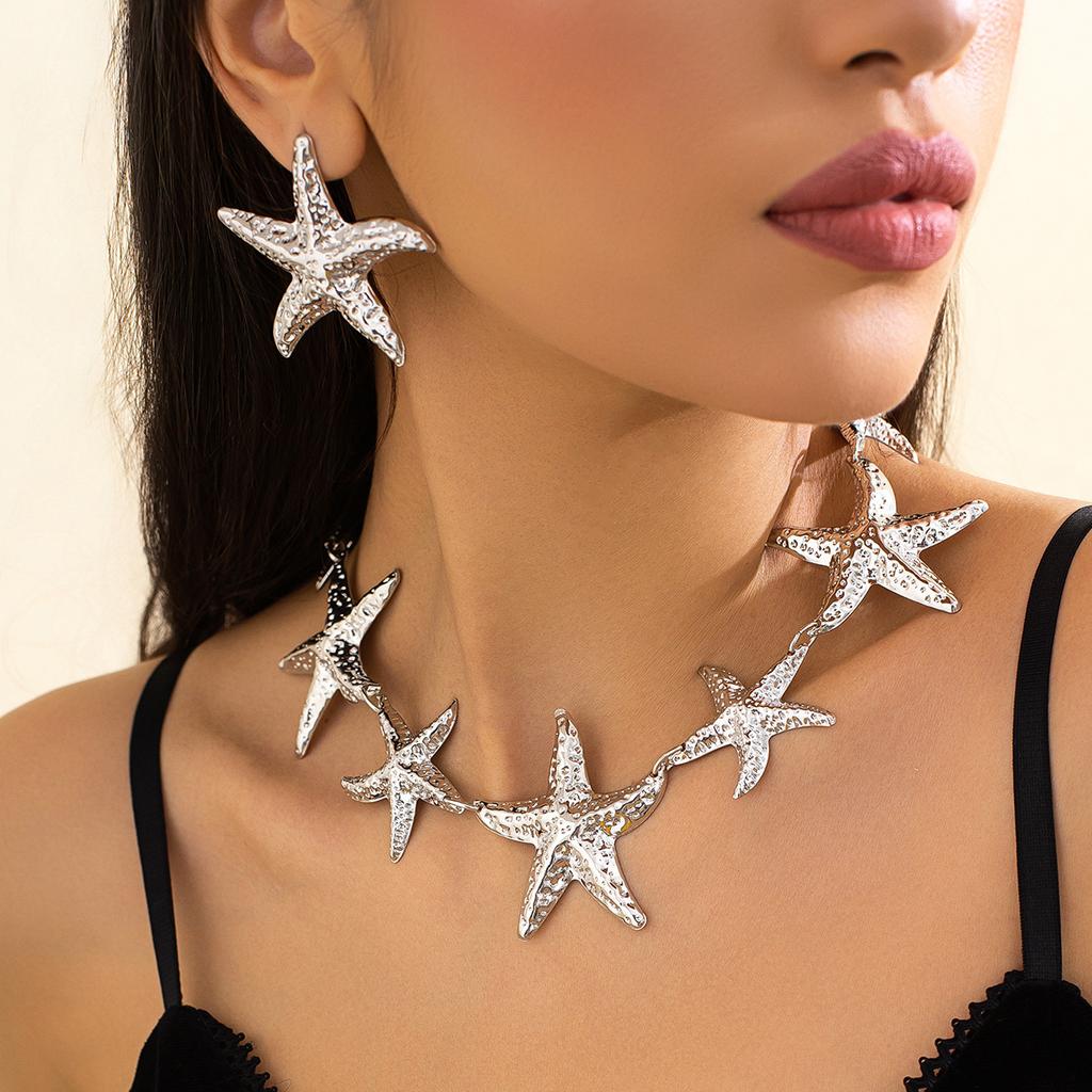 Ocean Vacation Wind Starfish Pendant Necklace Fashion Personality Geometric Metal Pen Necklace Suit Women