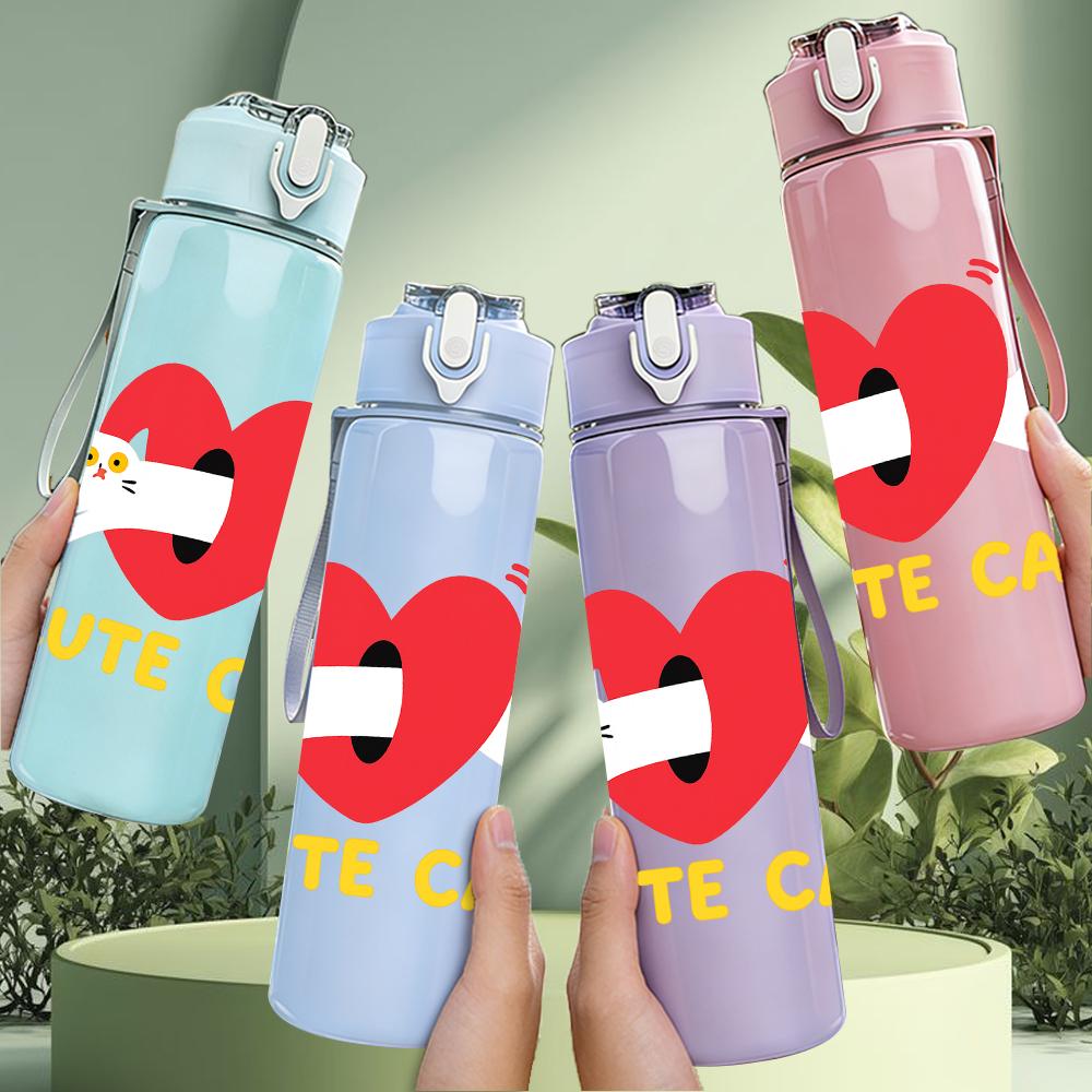 1PC Red Heart Cute Cat Mark 750ml Color Plastic Sports Water Bottle Leakproof Flip Straw Lid For Sports Office Home Use