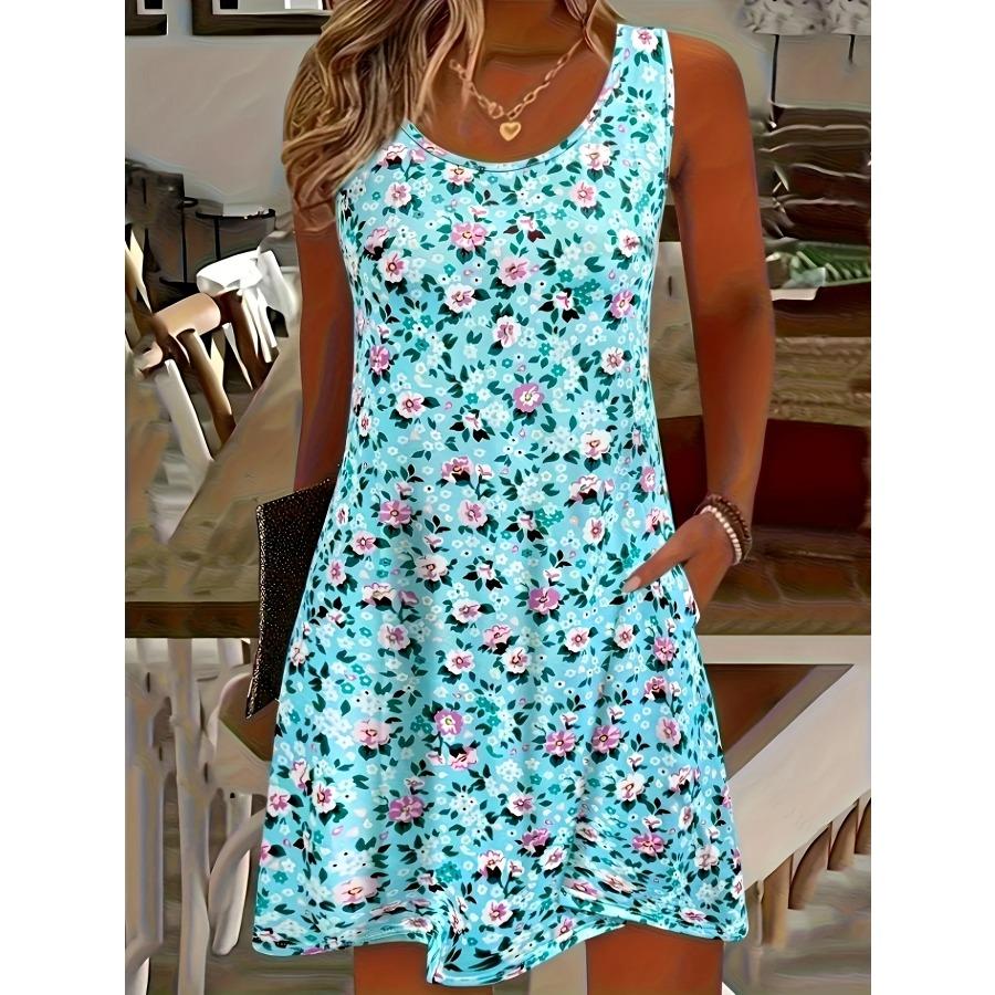 Elegant Light Blue Floral Print Sleeveless Dress Women's Summer Hawaiian Vacation Dress Tank Dress Y2k Ladies Clothes Girl Tops