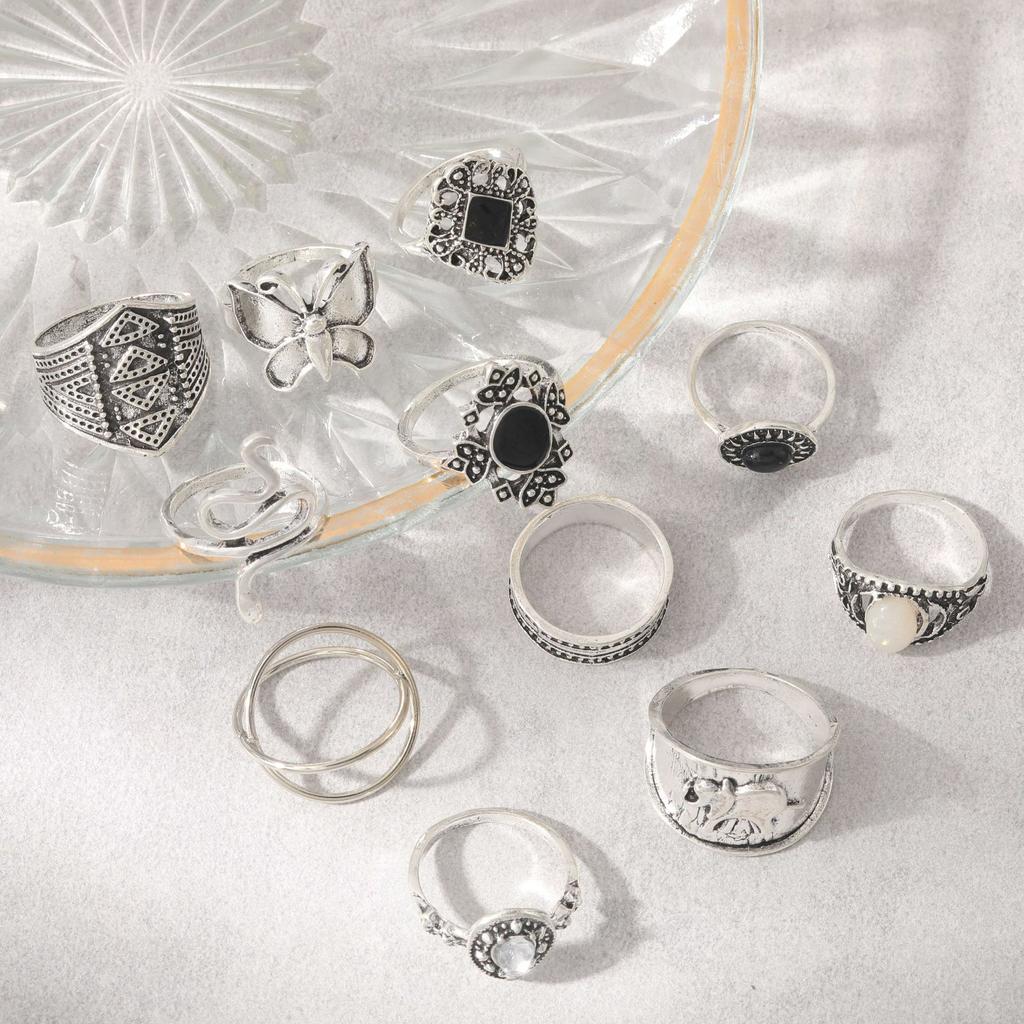 Combination Ring, Vintage Snake Butterfly Elephant Dot Diamond Cross 11 Piece Set Ring Jewelry