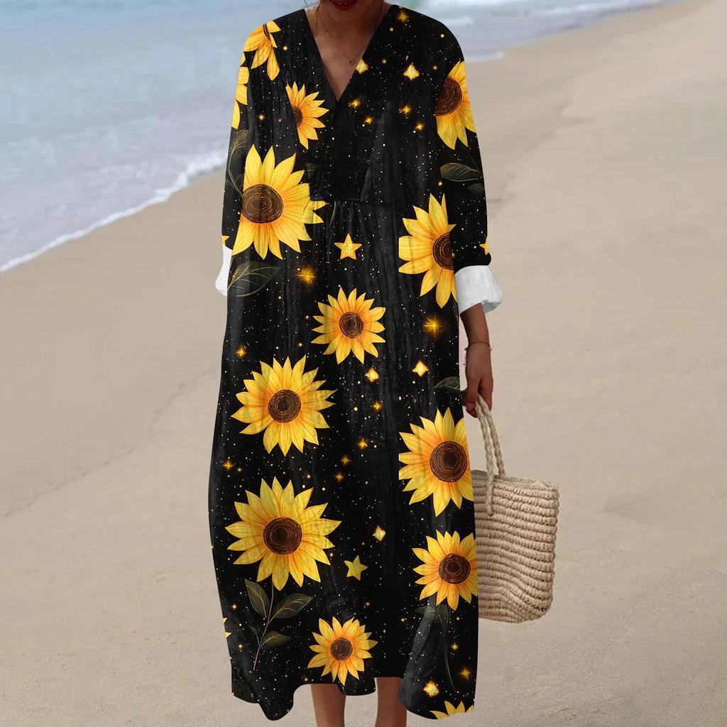 Dámské ležérní módní maxi šaty s výstřihem do V a dlouhým rukávem s květinovým potiskem