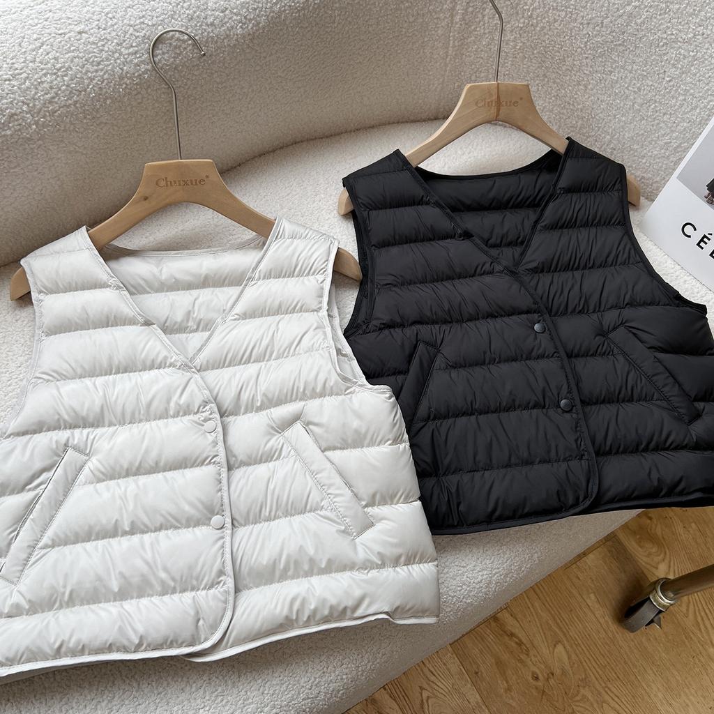 High-end light luxury% goose down~ women's bottom collarless down vest ultra-light V-neck coat with down vest