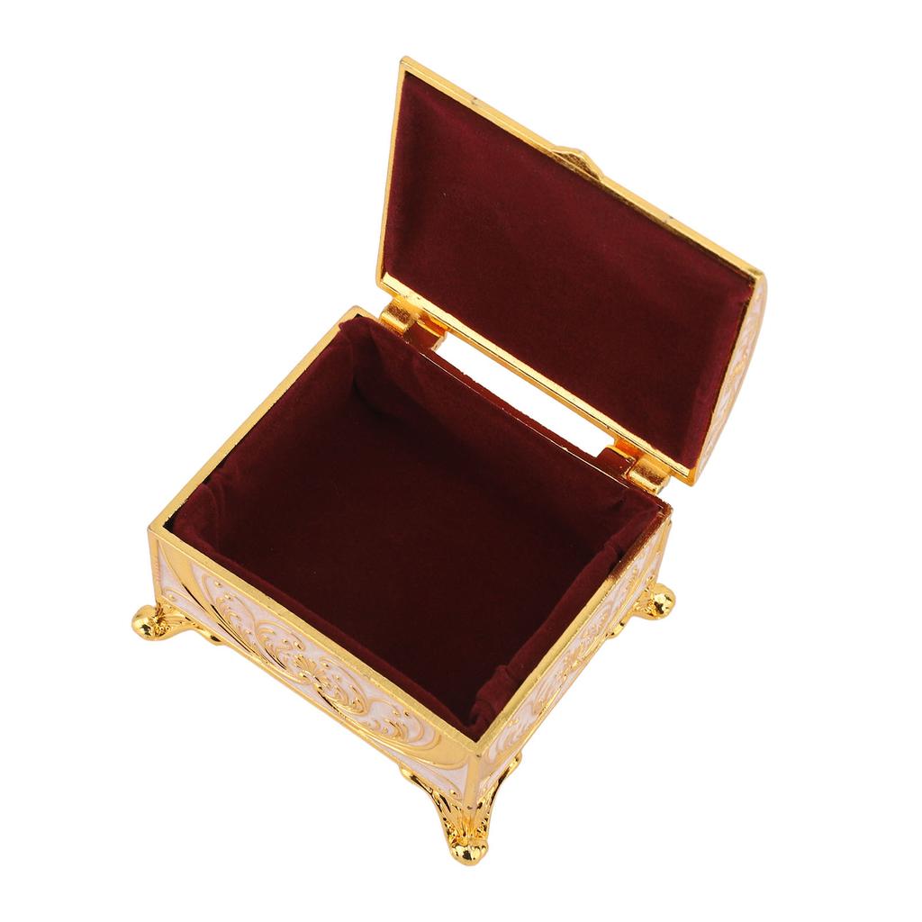 Vintage Enamel Trinket Organizer Rectangular Shape Velvet Lining Jewelry Storage Box for Girls Gold White