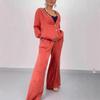 Women's Autumn/Winter Set Cardigan Casual Top Wide-Leg Pants and Patchwork Round-Neck Top