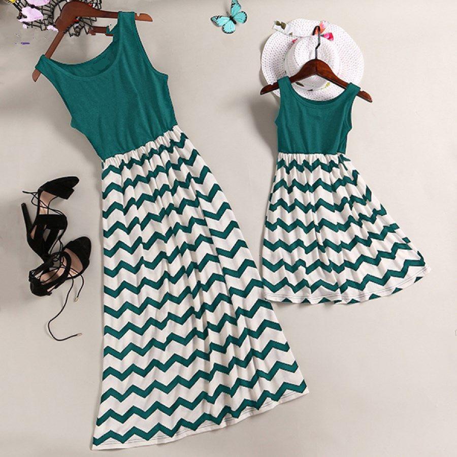 Stylish Mother And Daughter Fashion Casual Boho Stripe Maxi Matching Dress Outfits