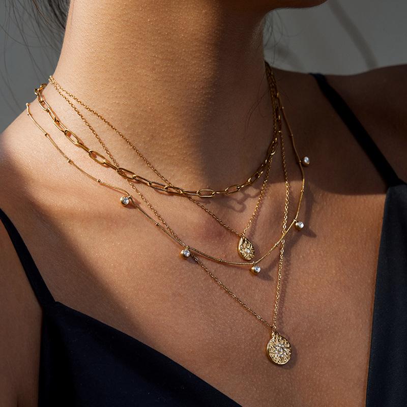 18k Pvd Stainless Steel Paperclip Necklace Waterproof Collarbone Sparkling Star Rhinestones Pendant Necklaces for Women