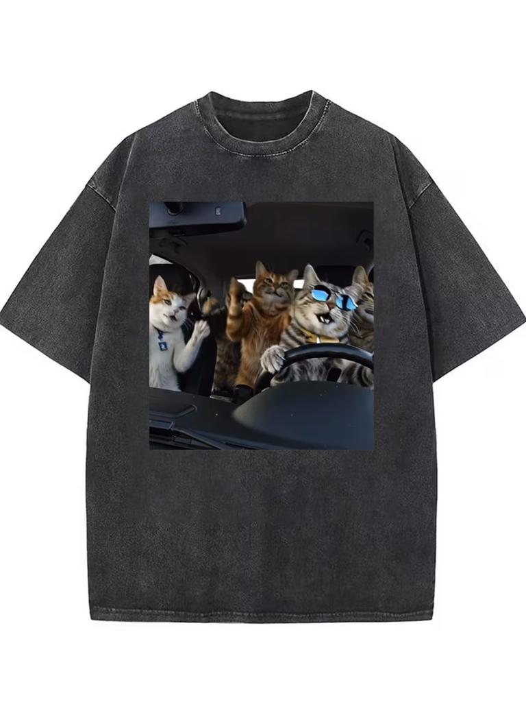 Funny Meme Cat Graphic TShirt Oversized Retro Washed Tee for Men Women Travel Daily Vacation Casual Street Outfits Streetwear