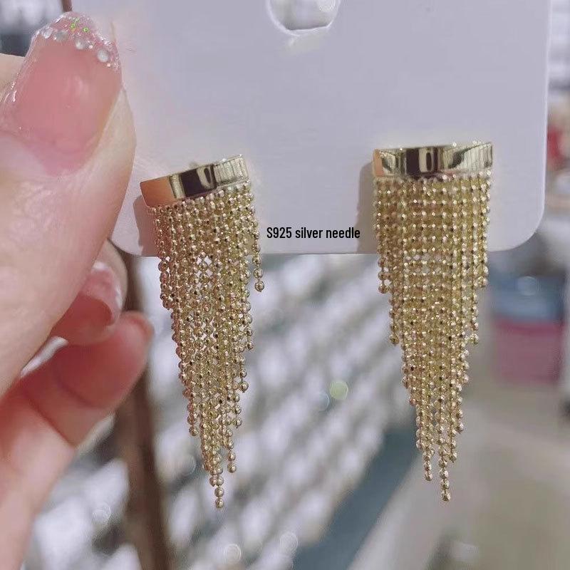 

Уникальные французские серьги с кисточками: Игла из серебра 925 пробы, Легкая роскошь, Дизайн длинной подвески для женщин золотой