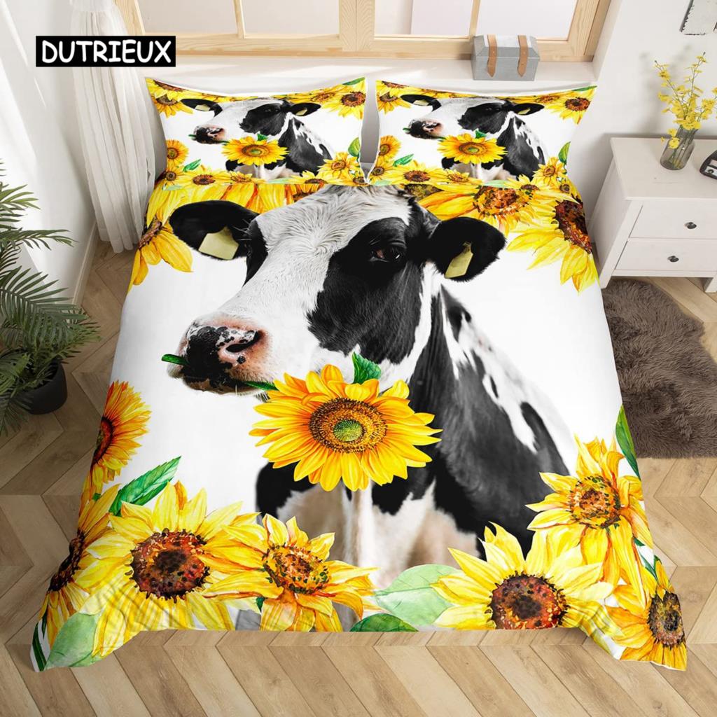 Cow Duvet Cover Set King Microfiber Milk Cow as well as Yellow Sunflower Print Comforter Cover Cute Animal as well as Floral Theme Bedding Set