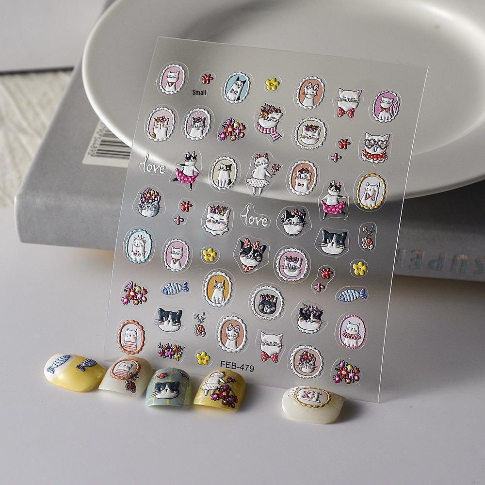 Xiaohongshu's Internet-Famous 5D Cow Print Embossed Nail Art Stickers - Durable Black & White Cartoon Design