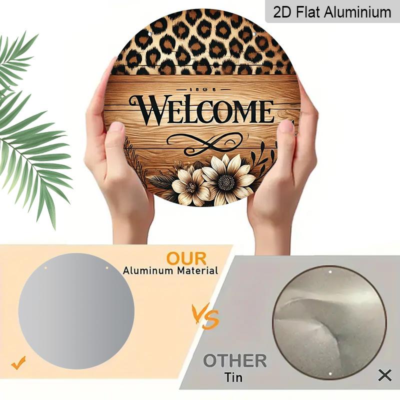 2D Flat Aluminum 7.87 Inch X 7.87 Inch Leopard Print and Floral Pattern Welcome Sign Wall Decoration, Vintage Style. Suitable for Cafes, Living