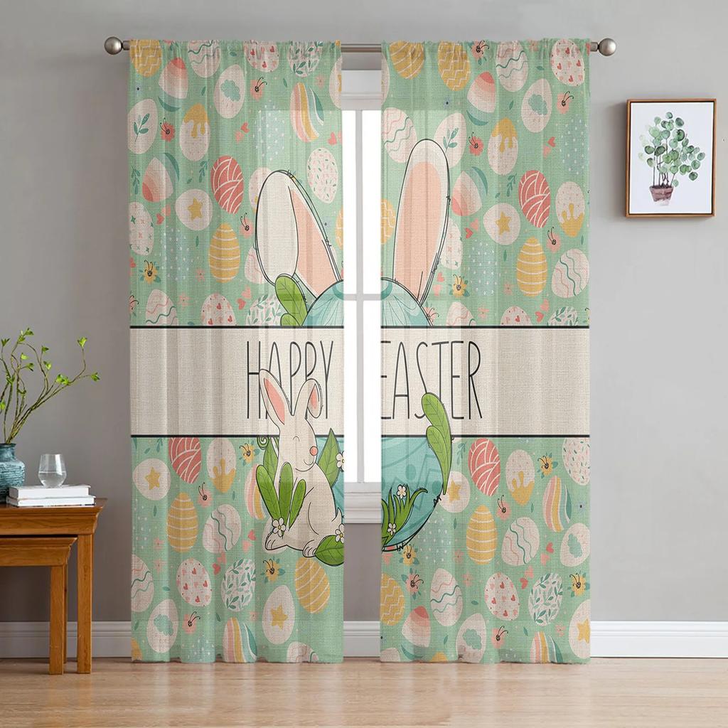 Sheer Easter Window Curtains Bedroom Living Room Egg Bunny Spring Flower Chiffon Voile Drapes Curtain Made Of Polyester Washable Sitting Ready