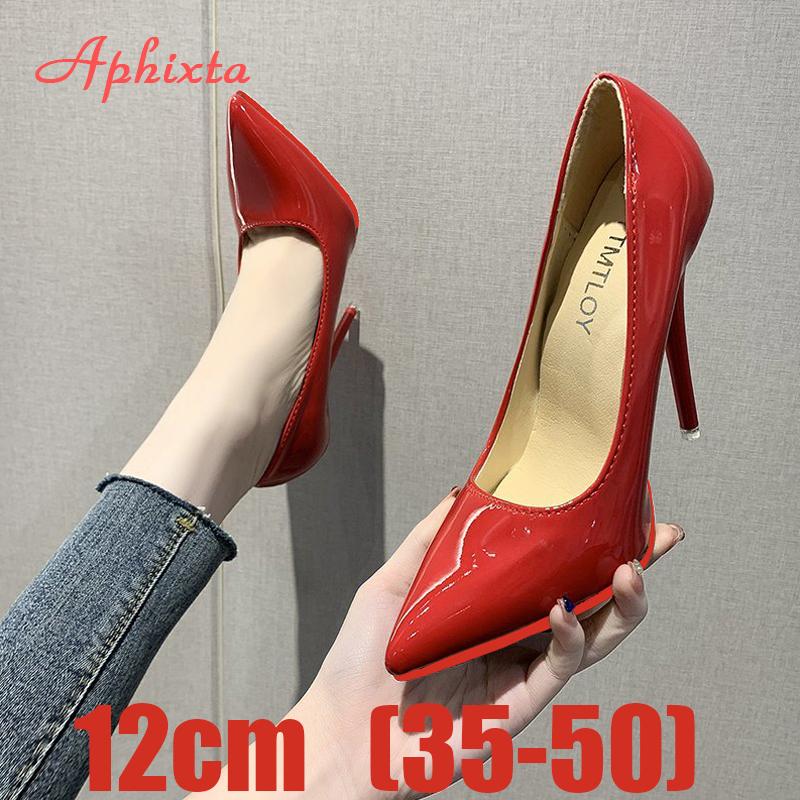 Aphixta 12cm Superhohe Dünne Absätze Pumps Damenschuhe Spitzschuh Lackleder Hochzeitskleid Büro Femme Super Große Größe 49 50