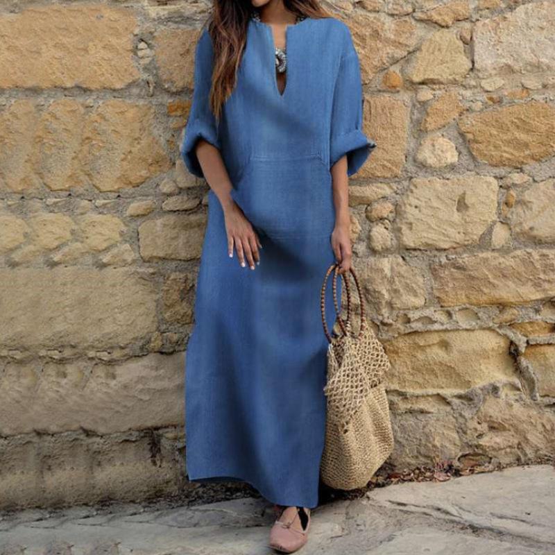 Women V Neck Linen Maxi Kaftan Dress 3/4 Roll Sleeve Loose Oversized Solid Color Casual Beach Vacation Long Tunic Dress