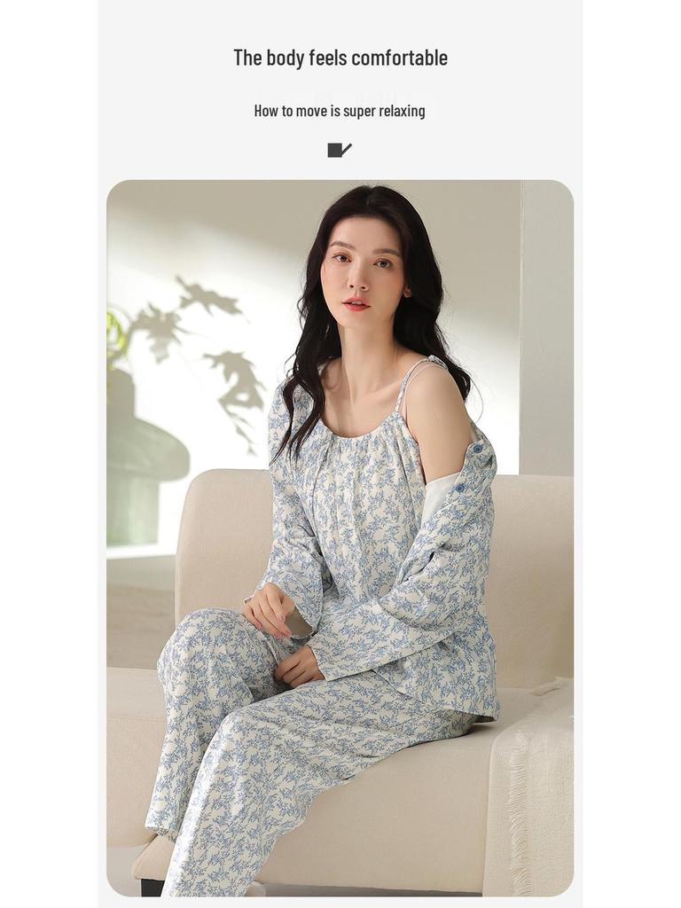 Women's Three-Piece Cotton Pajama Set: Spring Fashion, Printed, Comfortable, Breathable, with Chest Pads, Skin-Friendly.