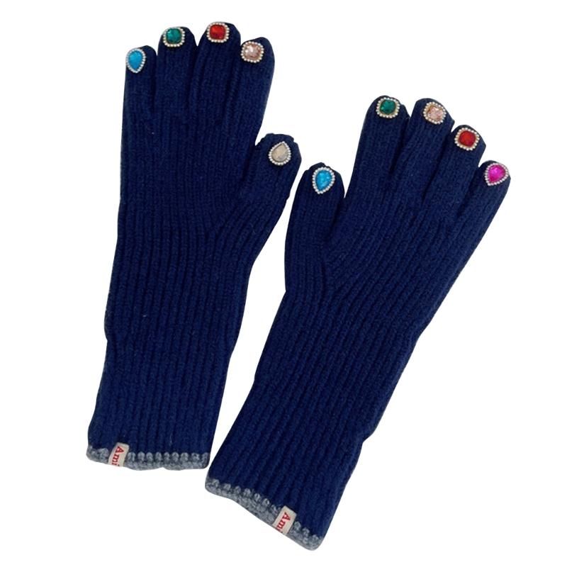

Перчатки со стразами, женские вязаные перчатки с декором из стразов на кончиках пальцев, зимние теплые перчатки с длинными пальцами, роскошные варежки