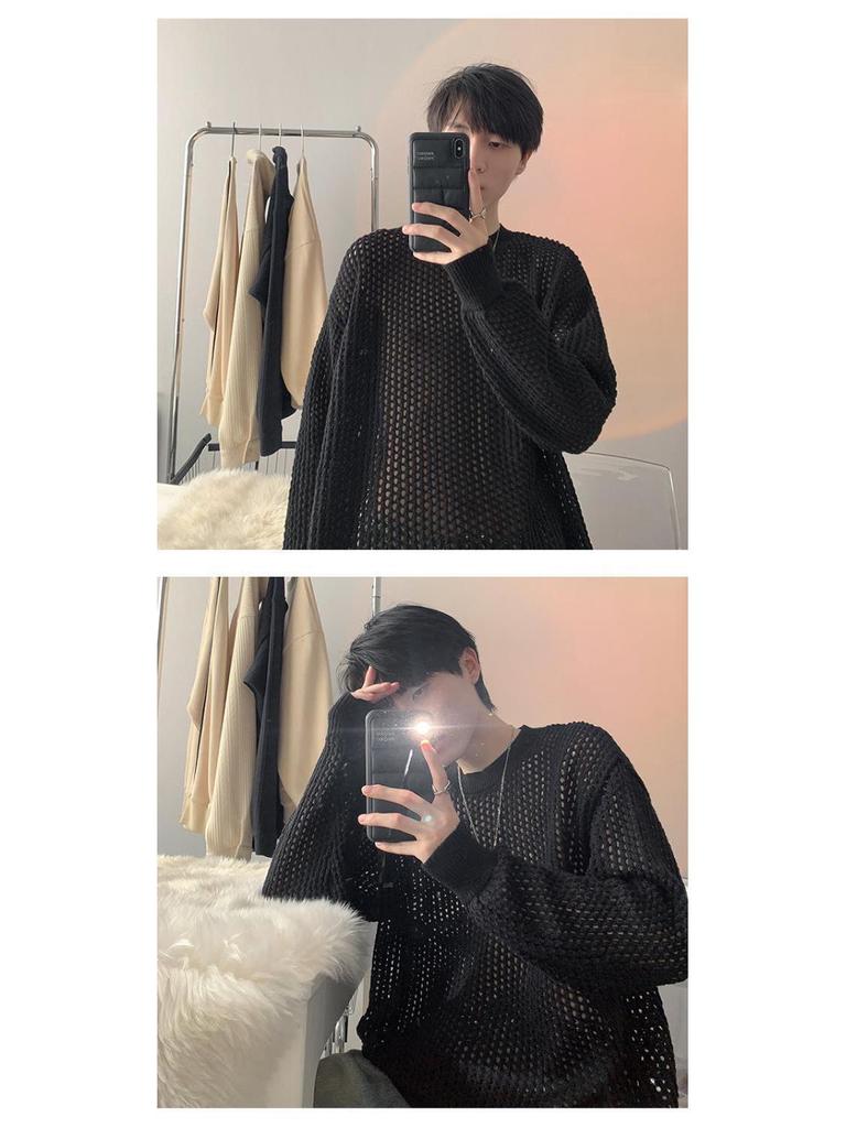 Herren Sommer Dünnes Karomuster T-Shirt: Trendiger Hong Kong Stil, Lochstrick, Langarm, Rundhals Überwurf